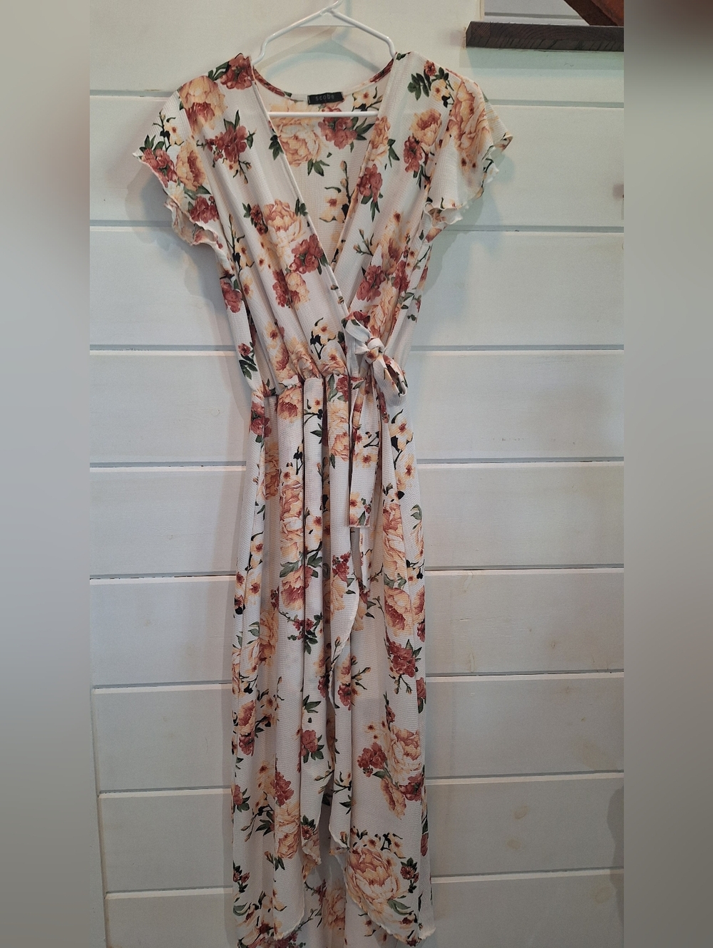White Cream Floral Wrap Midi Dress with Tie Waist